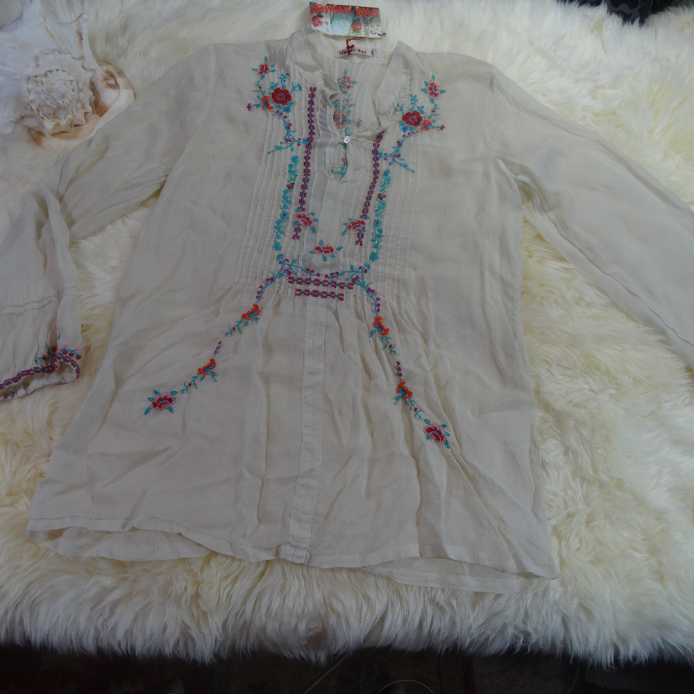 Johnny Was Cream Floral Blouse Size M